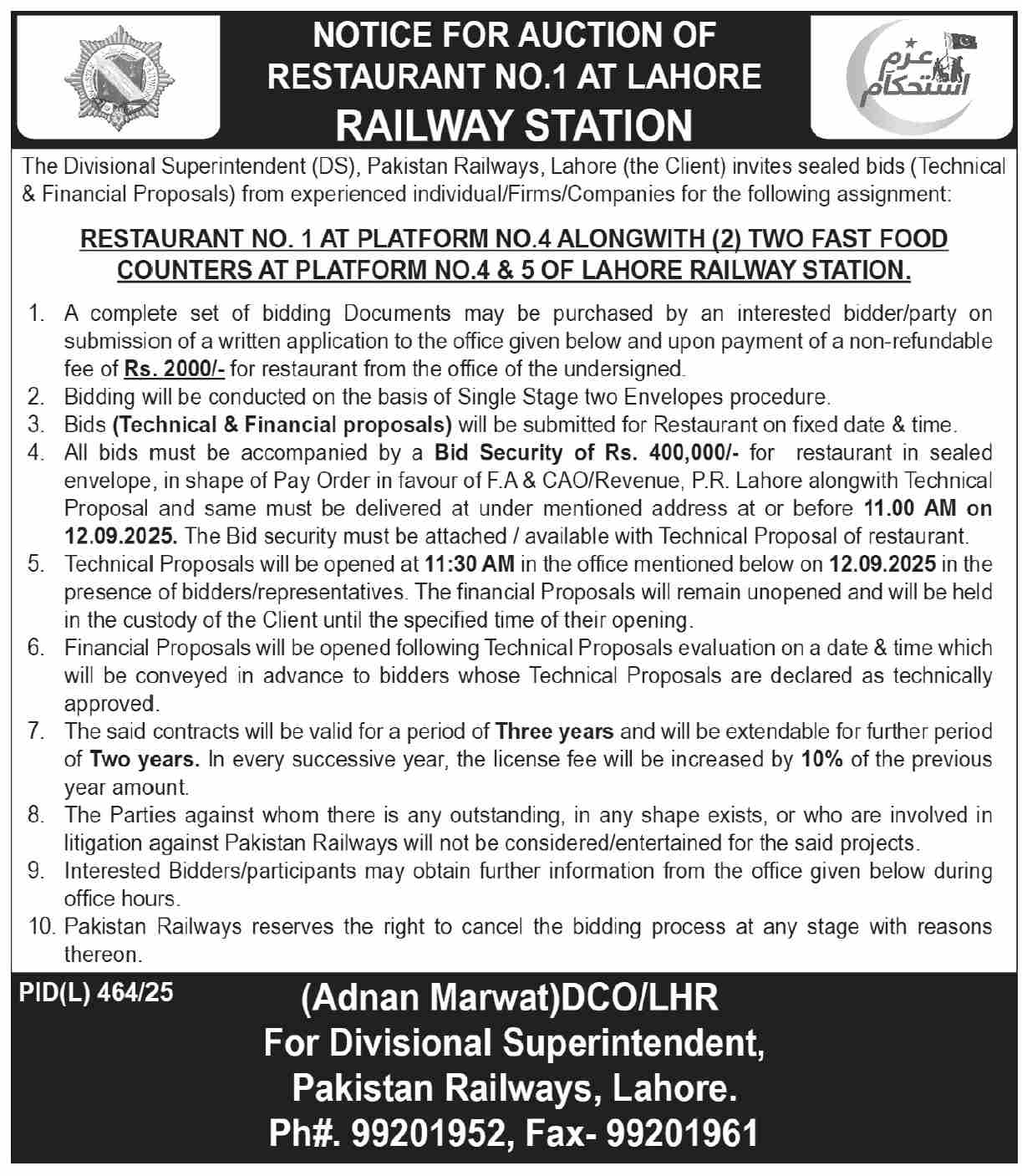 Pakistan Railways Lahore Tender Notice